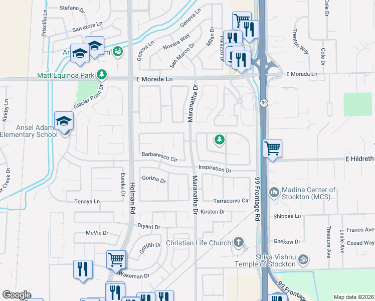 map of restaurants, bars, coffee shops, grocery stores, and more near 9013 Barbaresco Circle in Stockton