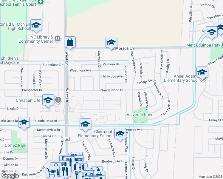 map of restaurants, bars, coffee shops, grocery stores, and more near 2137 Sandalwood Drive in Stockton