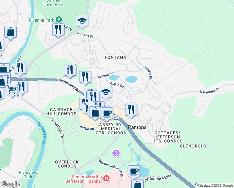 map of restaurants, bars, coffee shops, grocery stores, and more near 1949 Asheville Drive in Charlottesville