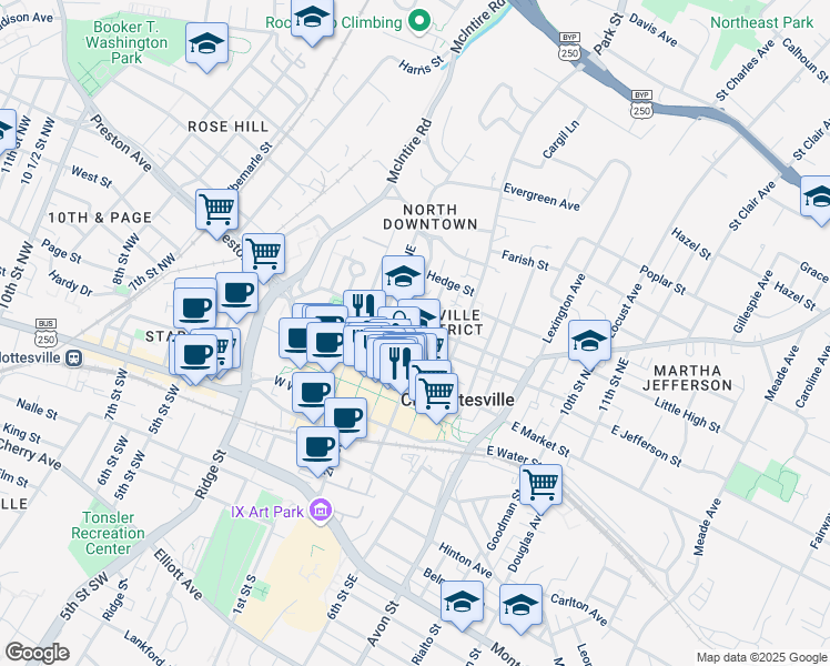 map of restaurants, bars, coffee shops, grocery stores, and more near in Charlottesville