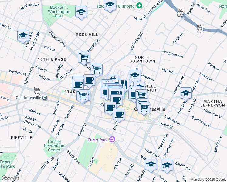 map of restaurants, bars, coffee shops, grocery stores, and more near 116 West Jefferson Street in Charlottesville