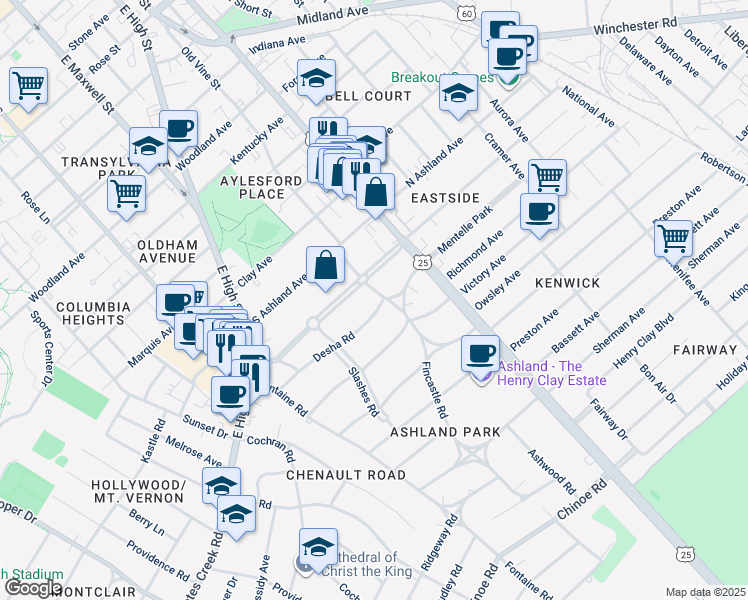 map of restaurants, bars, coffee shops, grocery stores, and more near 977 Fincastle Road in Lexington