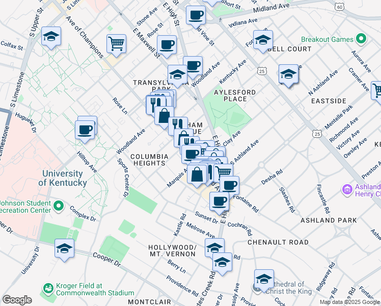 map of restaurants, bars, coffee shops, grocery stores, and more near 378 Park Avenue in Lexington