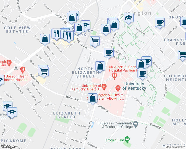 map of restaurants, bars, coffee shops, grocery stores, and more near 163 Transcript Avenue in Lexington