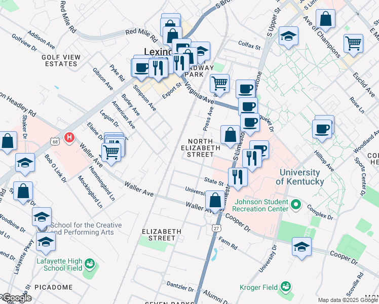 map of restaurants, bars, coffee shops, grocery stores, and more near 213 Transcript Avenue in Lexington