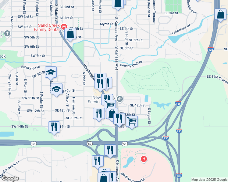map of restaurants, bars, coffee shops, grocery stores, and more near 1000 South Kansas Avenue in Newton
