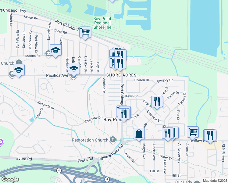 map of restaurants, bars, coffee shops, grocery stores, and more near 55 Pacifica Avenue in Bay Point