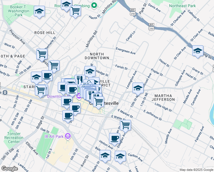 map of restaurants, bars, coffee shops, grocery stores, and more near 413 Park Street in Charlottesville