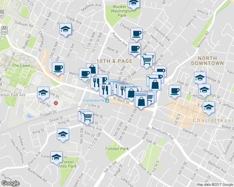map of restaurants, bars, coffee shops, grocery stores, and more near 112 8th Street Northwest in Charlottesville