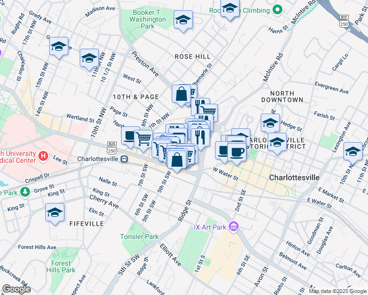 map of restaurants, bars, coffee shops, grocery stores, and more near 233 4th Street Northwest in Charlottesville