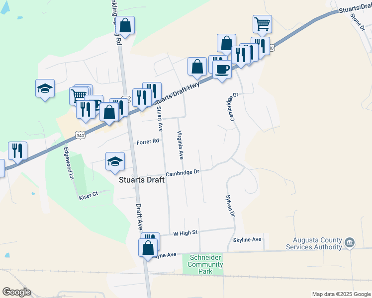 map of restaurants, bars, coffee shops, grocery stores, and more near 49 Virginia Avenue in Stuarts Draft