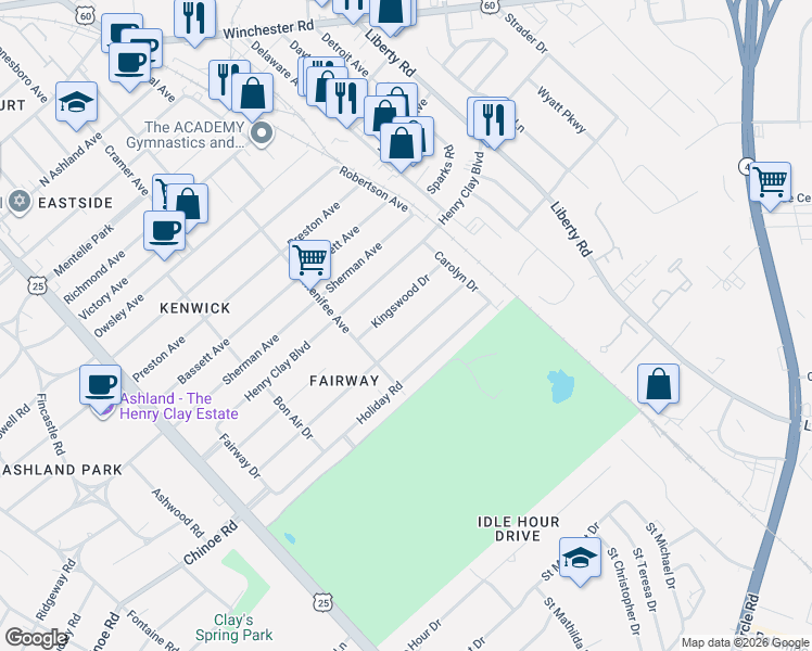 map of restaurants, bars, coffee shops, grocery stores, and more near 417 Queensway Drive in Lexington