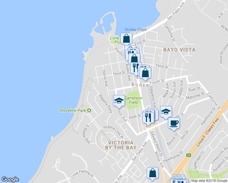 map of restaurants, bars, coffee shops, grocery stores, and more near 400 Garretson Avenue in Rodeo