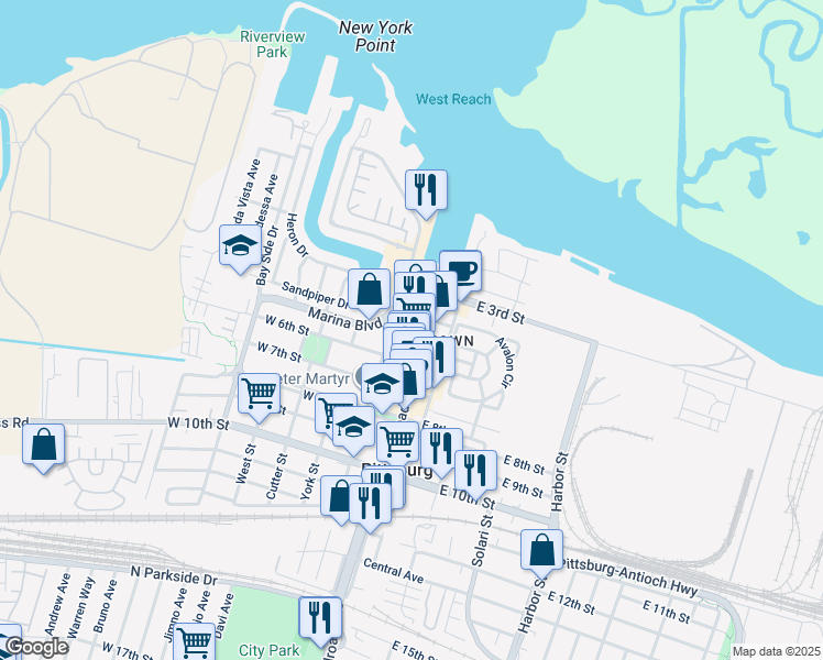 map of restaurants, bars, coffee shops, grocery stores, and more near 446 Railroad Avenue in Pittsburg