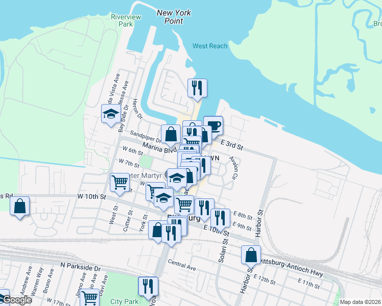 map of restaurants, bars, coffee shops, grocery stores, and more near 446 Railroad Avenue in Pittsburg