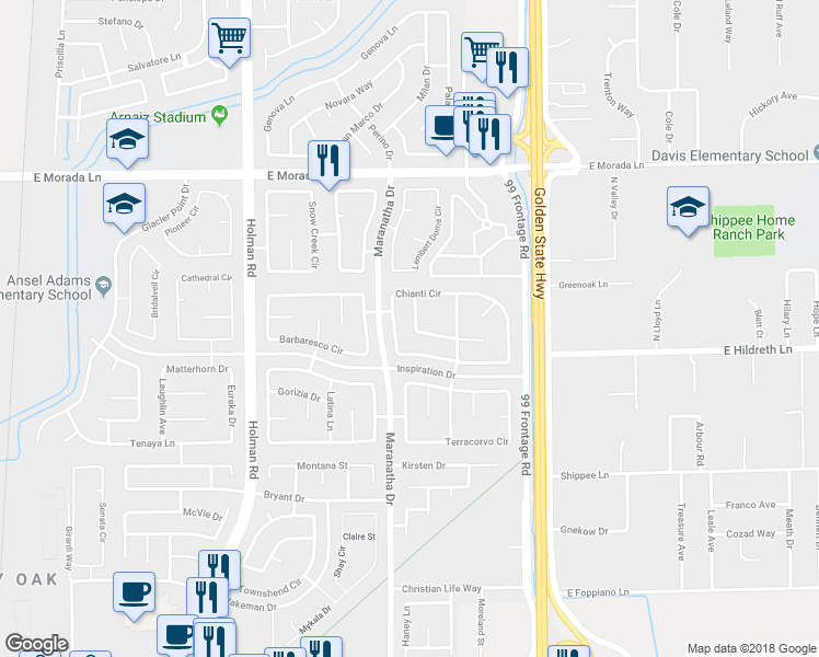 map of restaurants, bars, coffee shops, grocery stores, and more near 9021 Soave Lane in Stockton