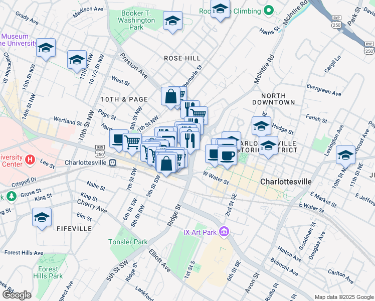 map of restaurants, bars, coffee shops, grocery stores, and more near 263 Ridge McIntire Road in Charlottesville
