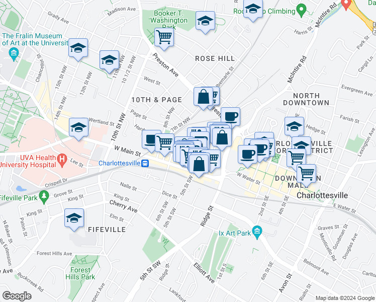 map of restaurants, bars, coffee shops, grocery stores, and more near 213 6th Street Northwest in Charlottesville