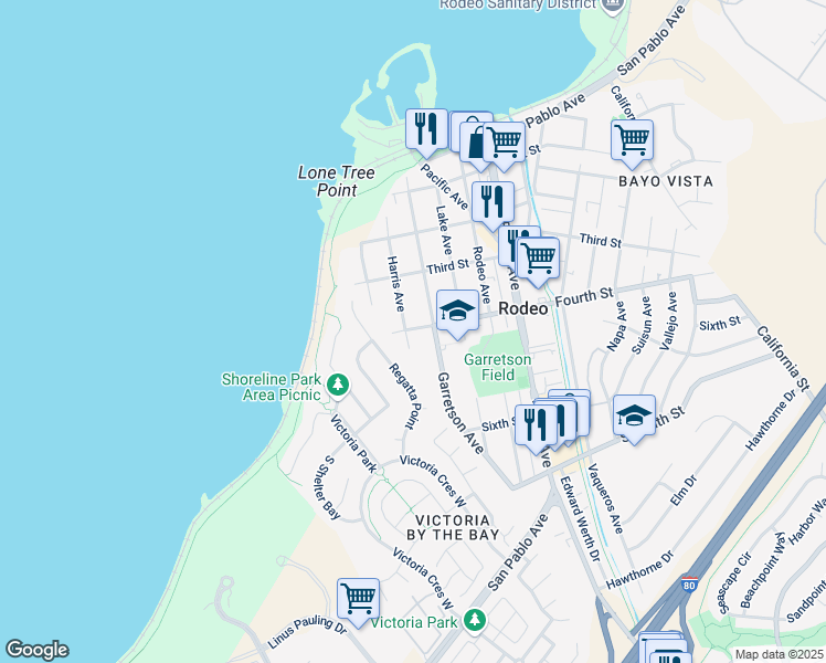 map of restaurants, bars, coffee shops, grocery stores, and more near 205 Fourth Street in Rodeo