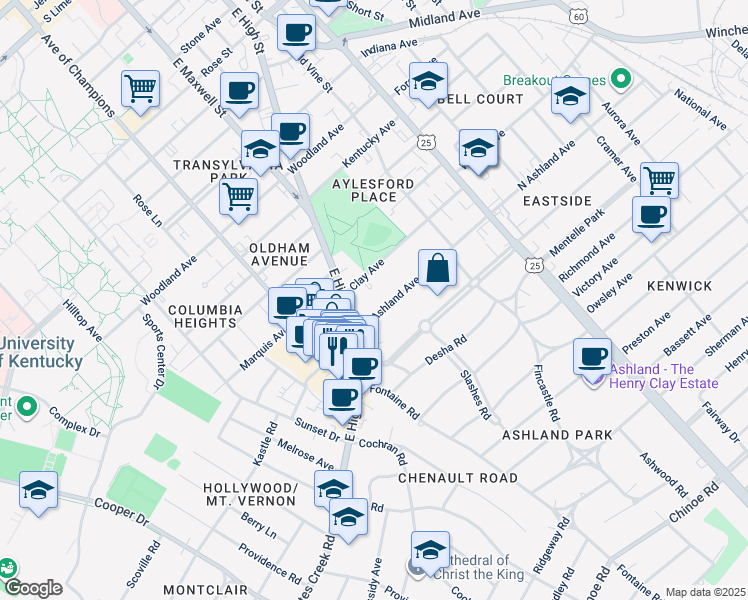 map of restaurants, bars, coffee shops, grocery stores, and more near 265 South Ashland Avenue in Lexington