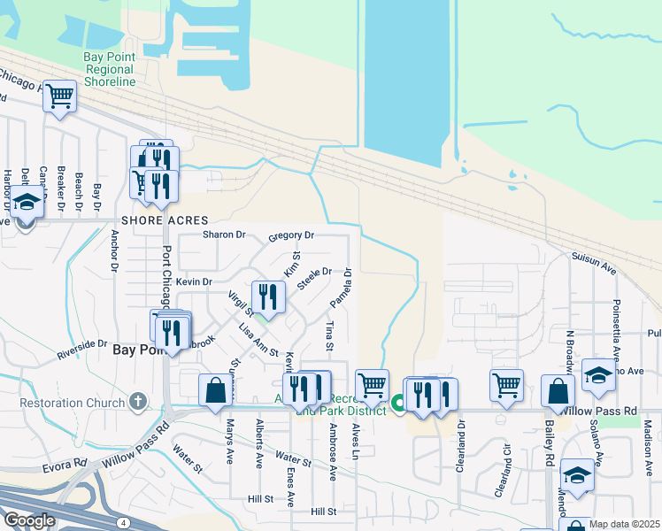 map of restaurants, bars, coffee shops, grocery stores, and more near 3312 Steele Drive in Bay Point