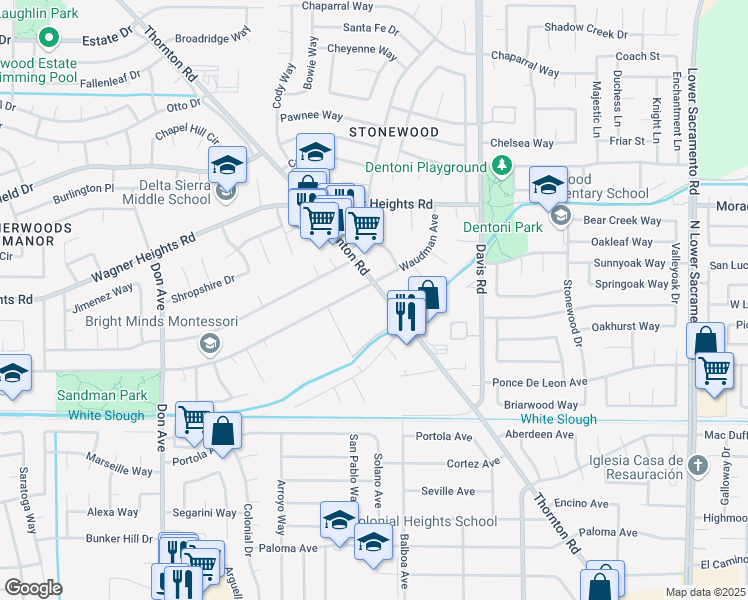 map of restaurants, bars, coffee shops, grocery stores, and more near 9035 Thornton Road in Stockton