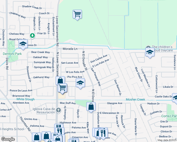map of restaurants, bars, coffee shops, grocery stores, and more near 6 East Los Felis Avenue in Stockton