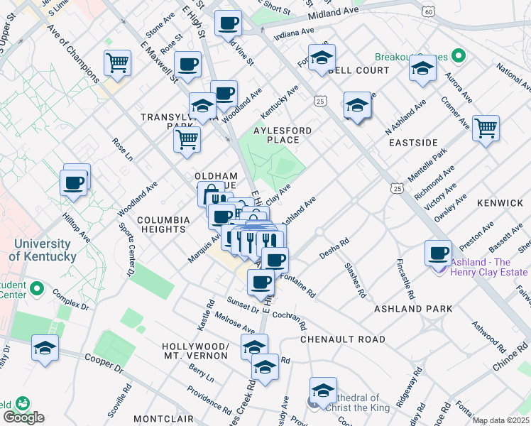 map of restaurants, bars, coffee shops, grocery stores, and more near 288 Clay Avenue in Lexington