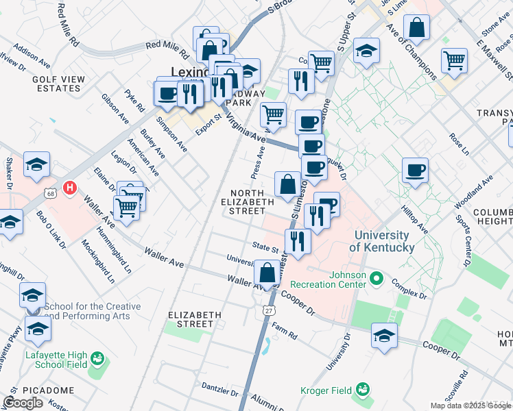 map of restaurants, bars, coffee shops, grocery stores, and more near 163 Transcript Avenue in Lexington