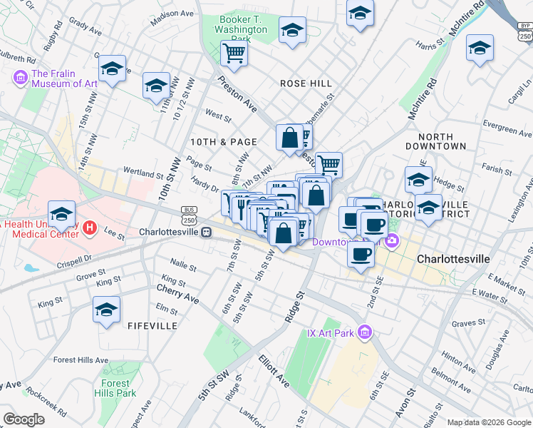 map of restaurants, bars, coffee shops, grocery stores, and more near in Charlottesville