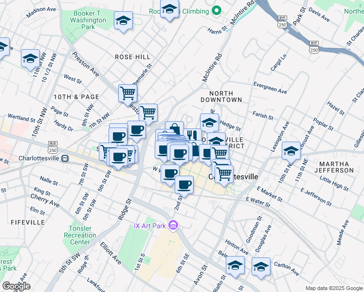 map of restaurants, bars, coffee shops, grocery stores, and more near 116 West Jefferson Street in Charlottesville