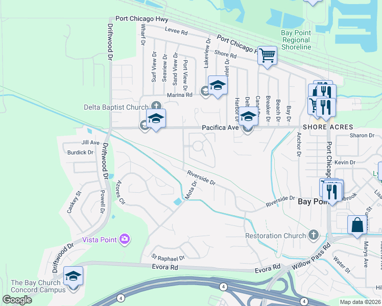 map of restaurants, bars, coffee shops, grocery stores, and more near 621 Bounty Drive in Bay Point