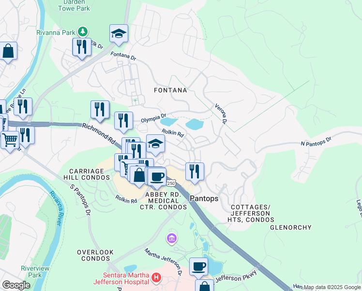 map of restaurants, bars, coffee shops, grocery stores, and more near 1932 Asheville Drive in Charlottesville