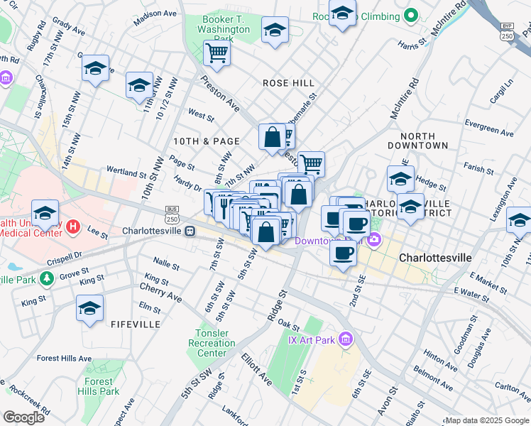 map of restaurants, bars, coffee shops, grocery stores, and more near 500 Brown Street in Charlottesville