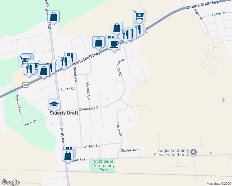 map of restaurants, bars, coffee shops, grocery stores, and more near 24 Brighton Court in Stuarts Draft