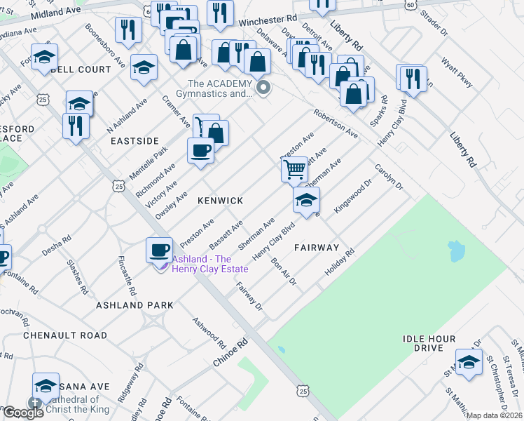 map of restaurants, bars, coffee shops, grocery stores, and more near 227 Bassett Avenue in Lexington
