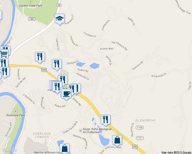 map of restaurants, bars, coffee shops, grocery stores, and more near 2012 Verona Drive in Charlottesville