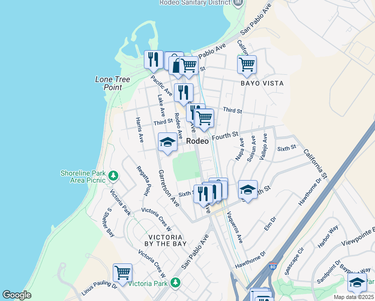map of restaurants, bars, coffee shops, grocery stores, and more near 425 Rodeo Avenue in Rodeo