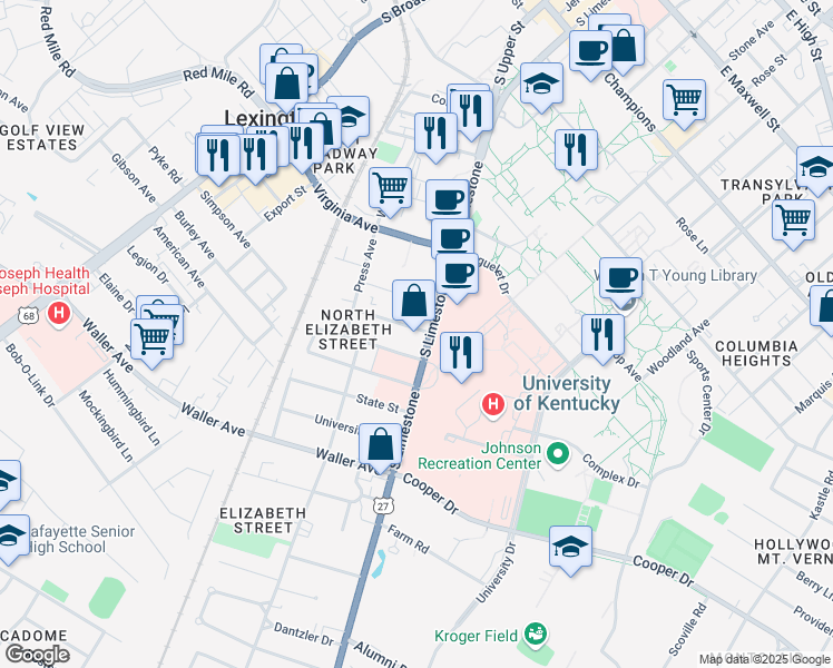 map of restaurants, bars, coffee shops, grocery stores, and more near 114 Gazette Ave in Lexington