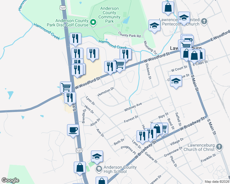 map of restaurants, bars, coffee shops, grocery stores, and more near 617 Nickelbie Drive in Lawrenceburg