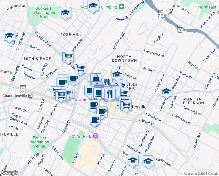 map of restaurants, bars, coffee shops, grocery stores, and more near 109 East Jefferson Street in Charlottesville