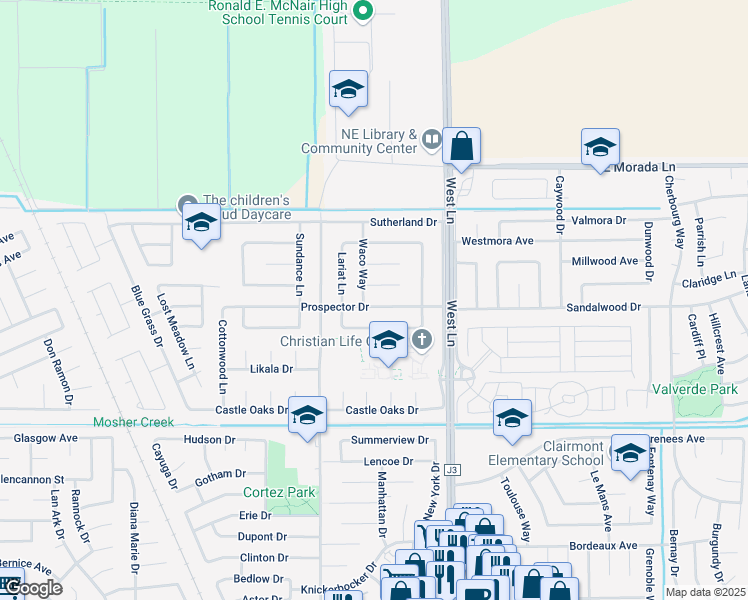 map of restaurants, bars, coffee shops, grocery stores, and more near 1201 Prospector Drive in Stockton