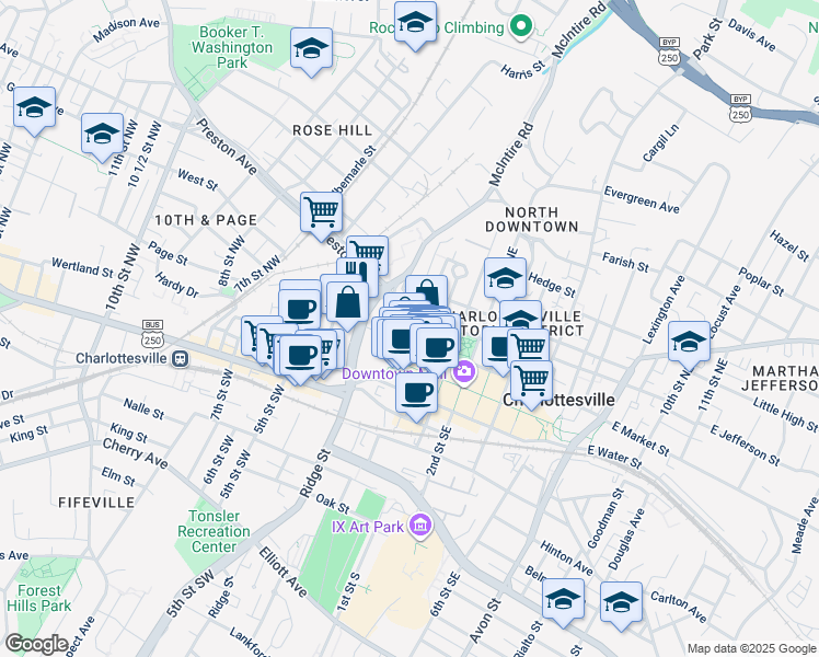map of restaurants, bars, coffee shops, grocery stores, and more near 207 2nd Street Northwest in Charlottesville