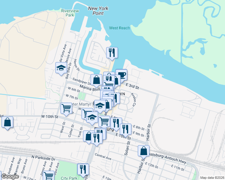 map of restaurants, bars, coffee shops, grocery stores, and more near 440 Railroad Avenue in Pittsburg