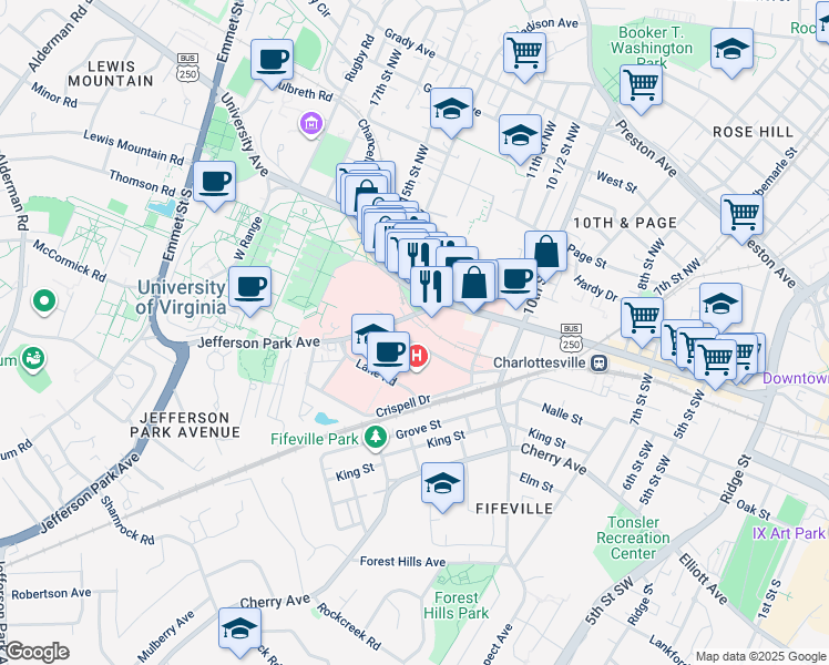 map of restaurants, bars, coffee shops, grocery stores, and more near 1240 Lee Street in Charlottesville