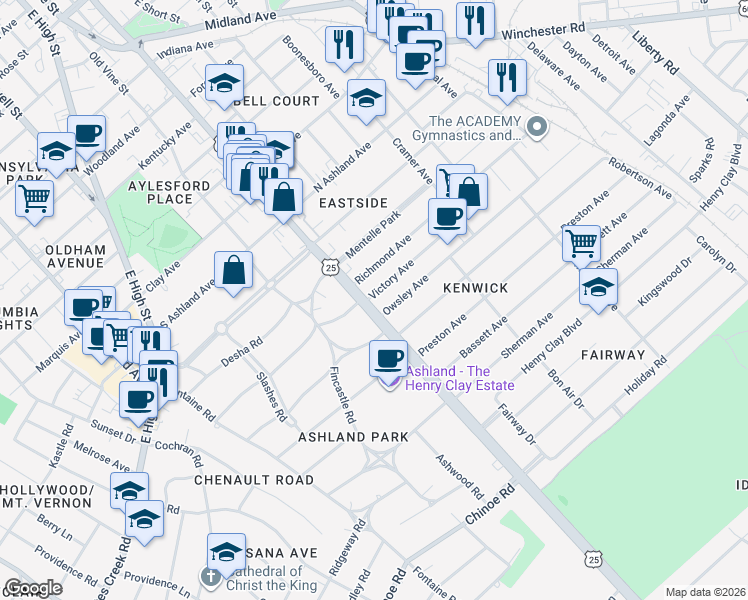 map of restaurants, bars, coffee shops, grocery stores, and more near 105 Owsley Avenue in Lexington