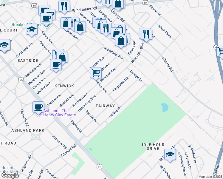 map of restaurants, bars, coffee shops, grocery stores, and more near 407 Kingswood Drive in Lexington