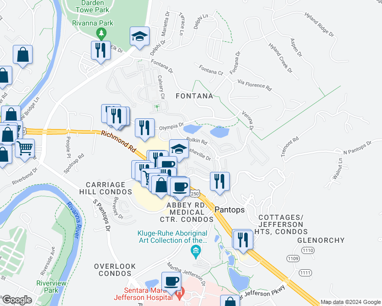 map of restaurants, bars, coffee shops, grocery stores, and more near 1965 Asheville Drive in Charlottesville