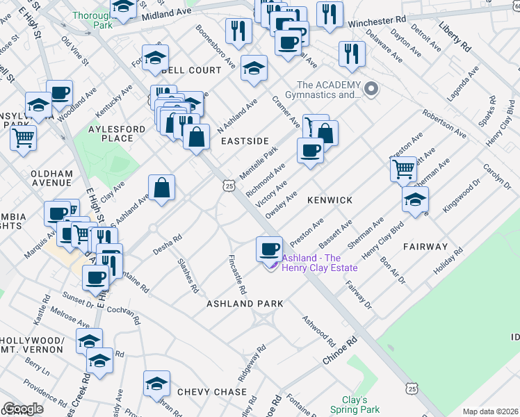 map of restaurants, bars, coffee shops, grocery stores, and more near 105 Owsley Avenue in Lexington
