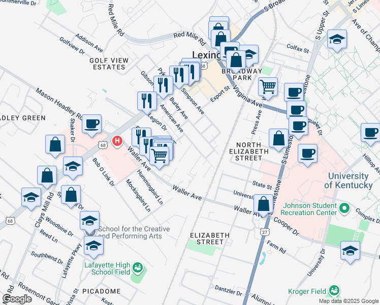map of restaurants, bars, coffee shops, grocery stores, and more near 1302 Southern Avenue in Lexington